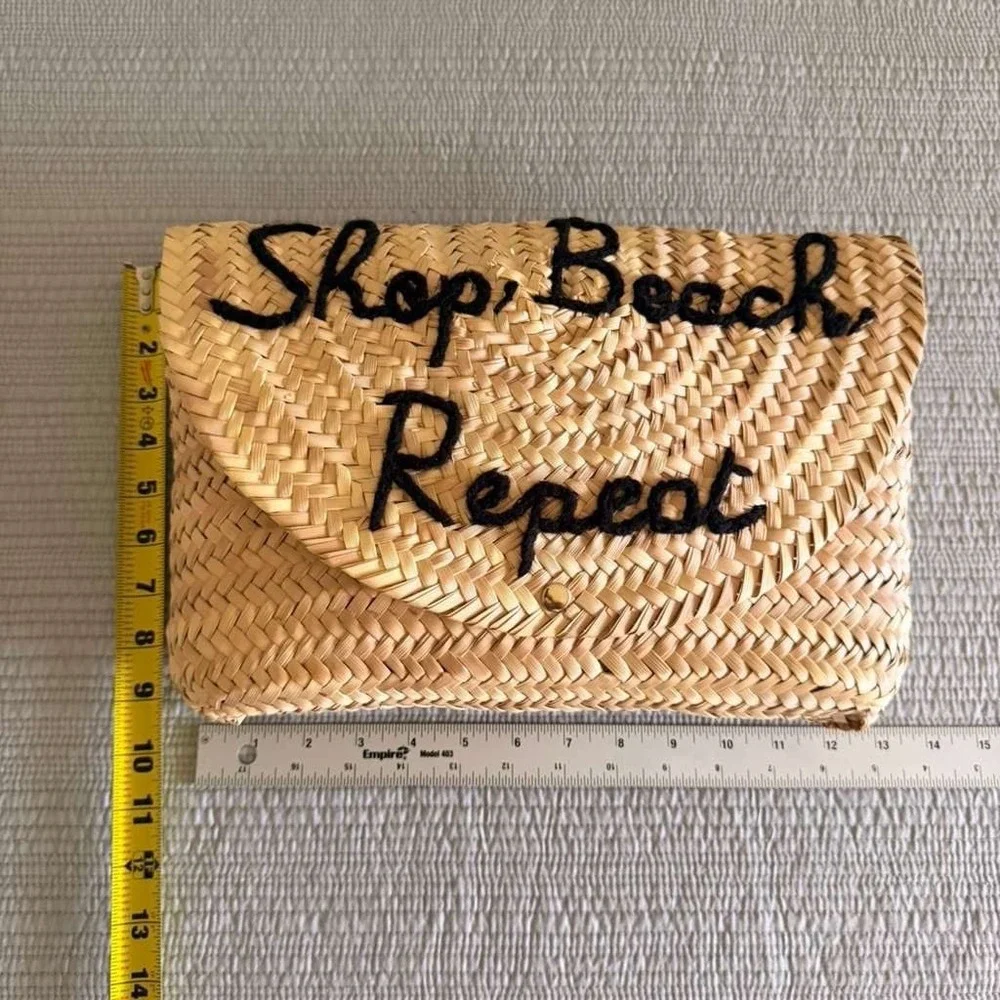 Poolside Shop Beach‎ Repeat Embroidered Straw Raffia Envelope Clutch Bag Natural